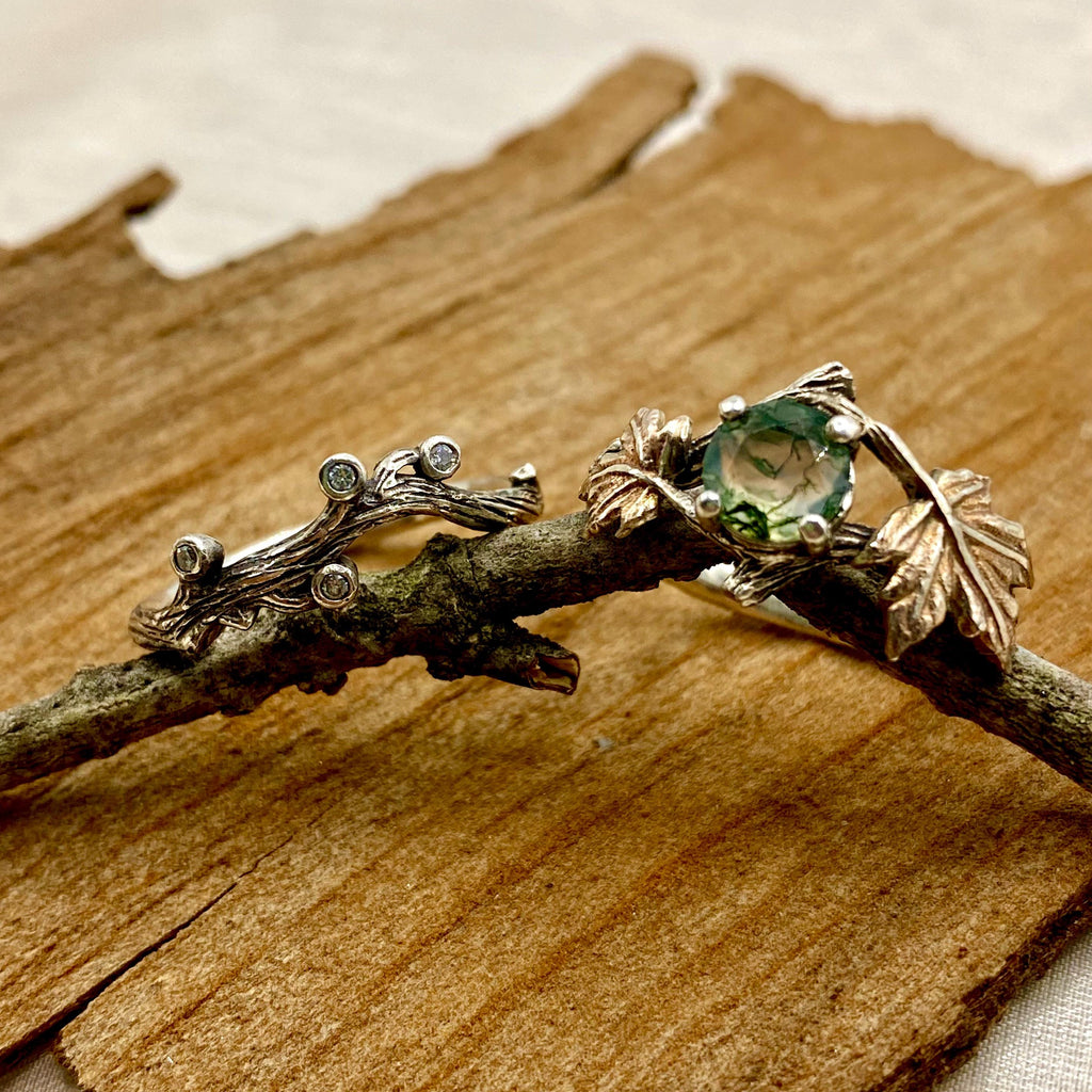 Moss Agate Sterling Silver Maple Leaf Ring