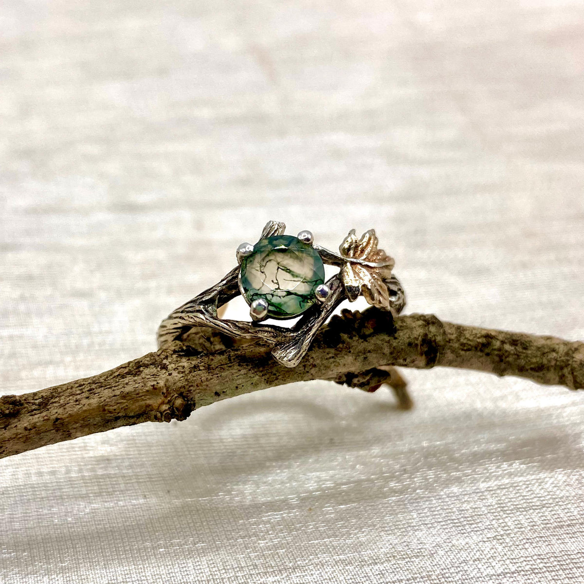 Moss Agate Sterling Silver Maple Leaf Ring
