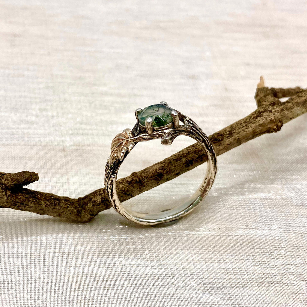 Moss Agate Sterling Silver Maple Leaf Ring
