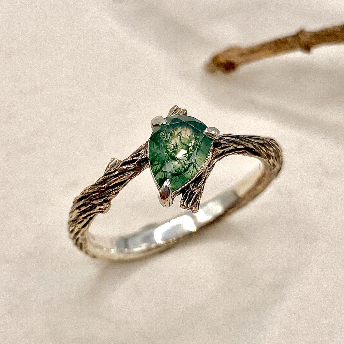 Moss Agate Sterling Silver Twig Ring