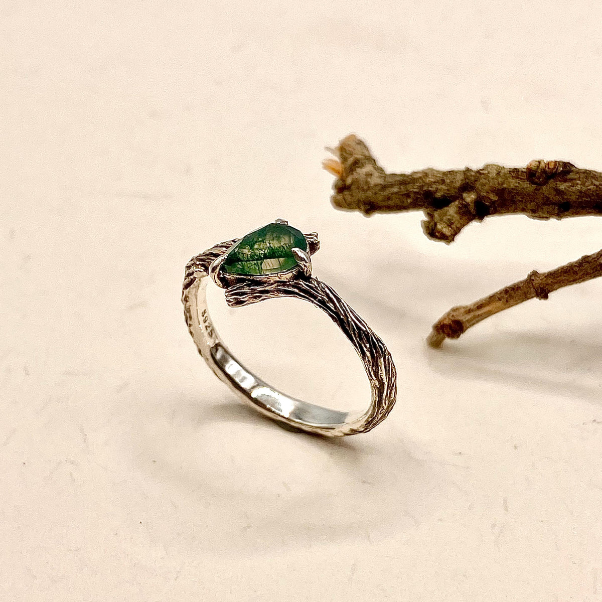 Moss Agate Sterling Silver Twig Ring