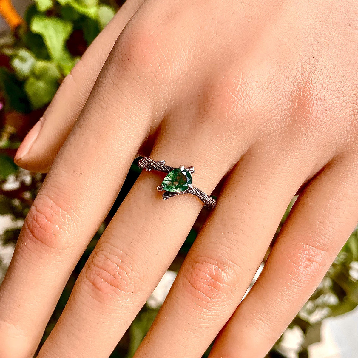 Moss Agate Sterling Silver Twig Ring