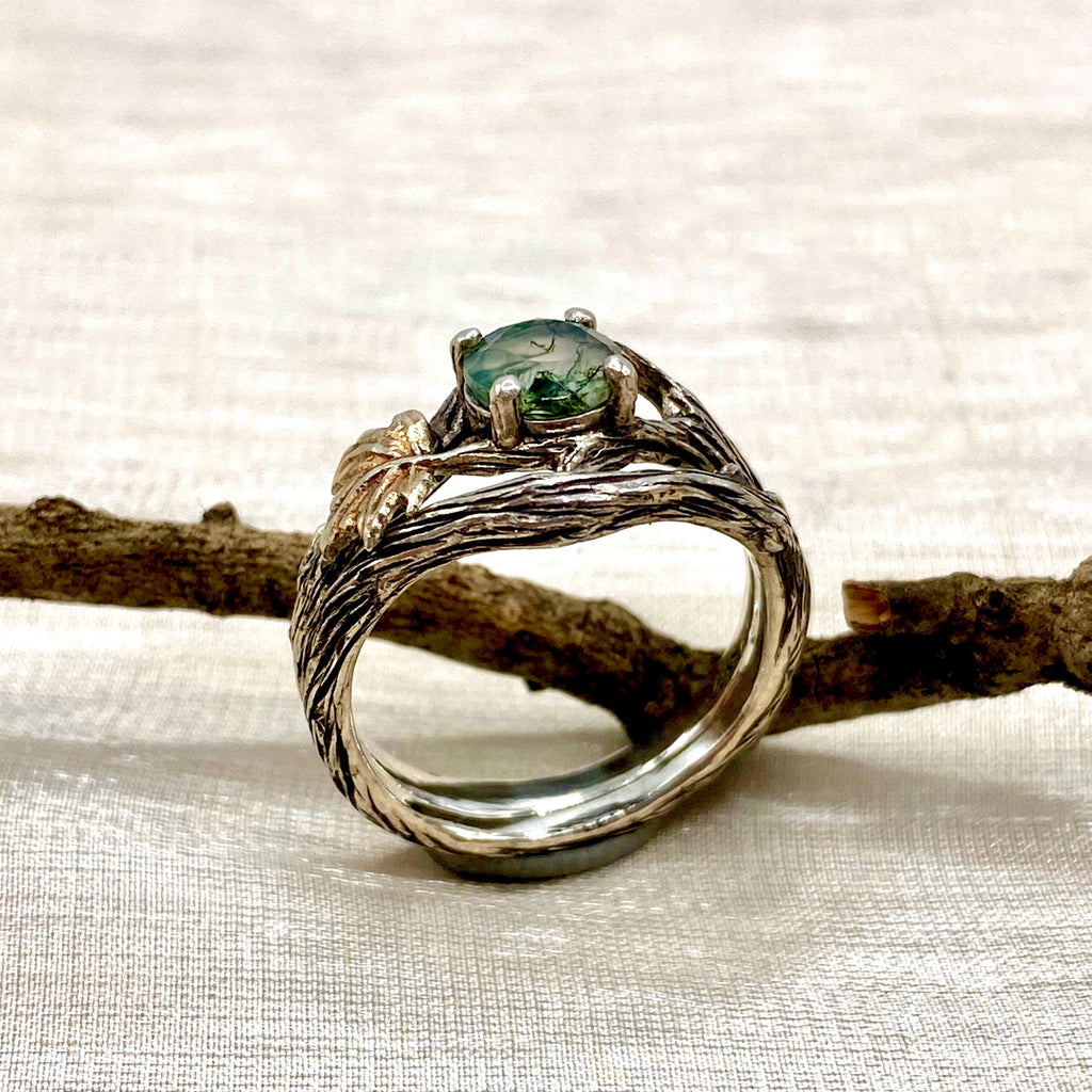 Moss Agate Sterling Silver Maple Leaf Ring Set