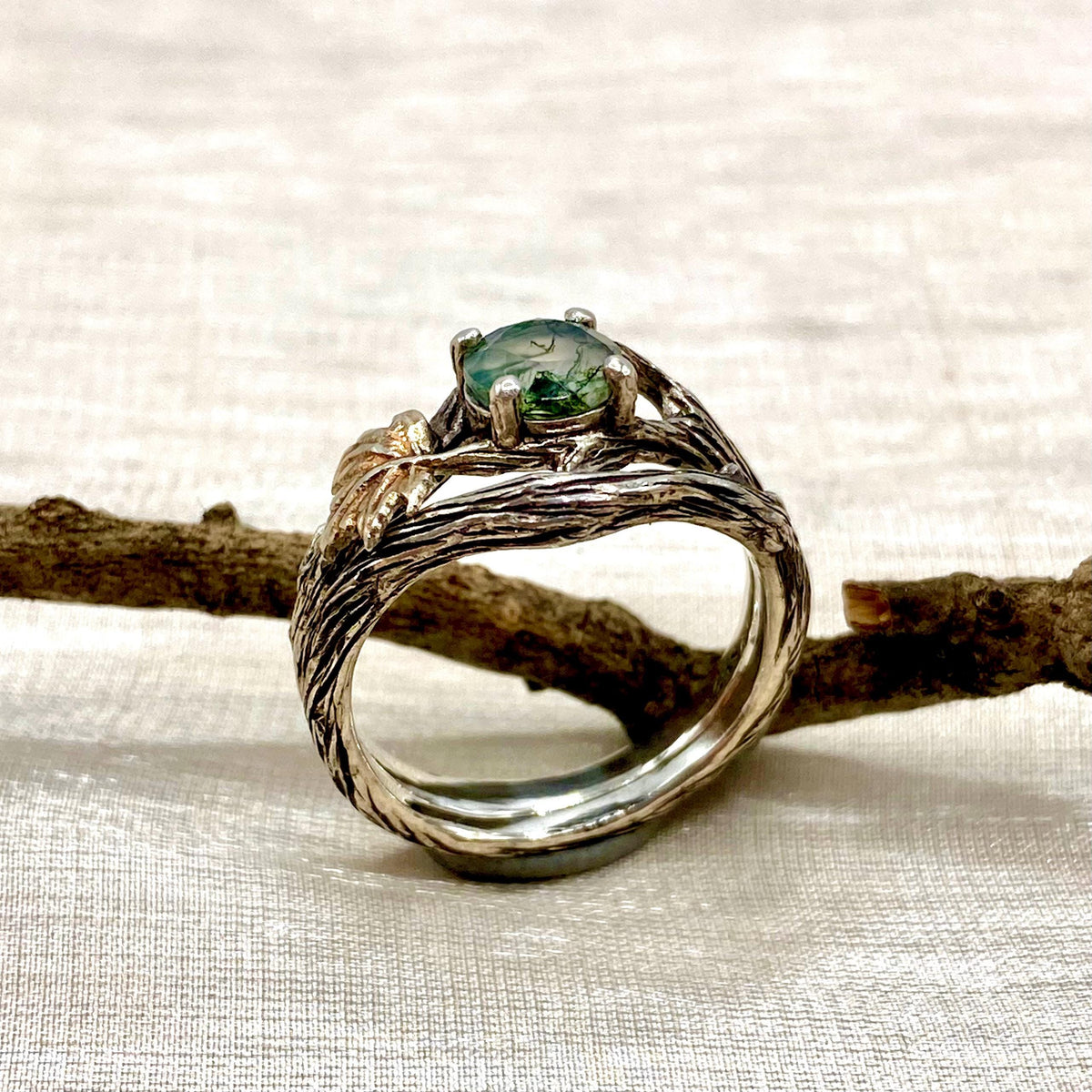 Moss Agate Sterling Silver Maple Leaf Ring Set