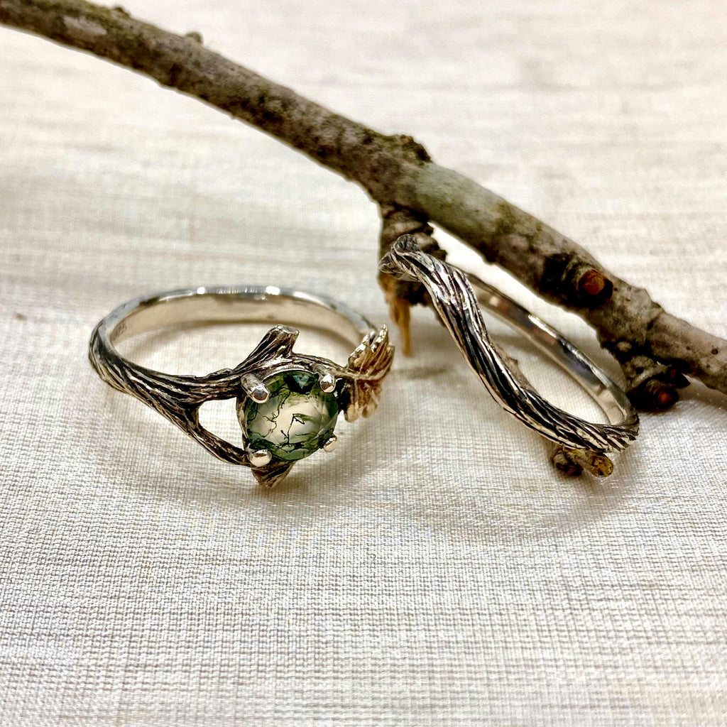 Moss Agate Sterling Silver Maple Leaf Ring Set