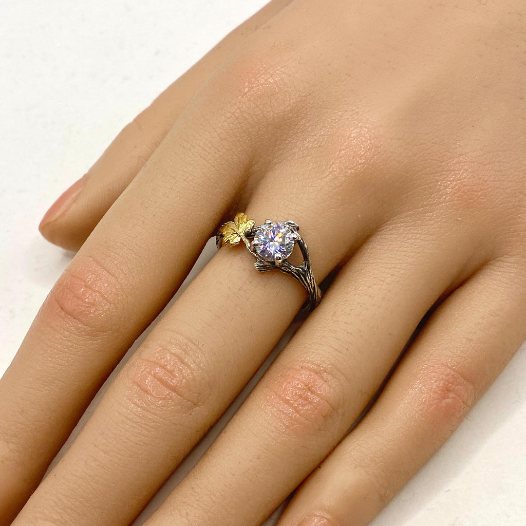 Moissanite Sterling Silver Maple Leaf Band