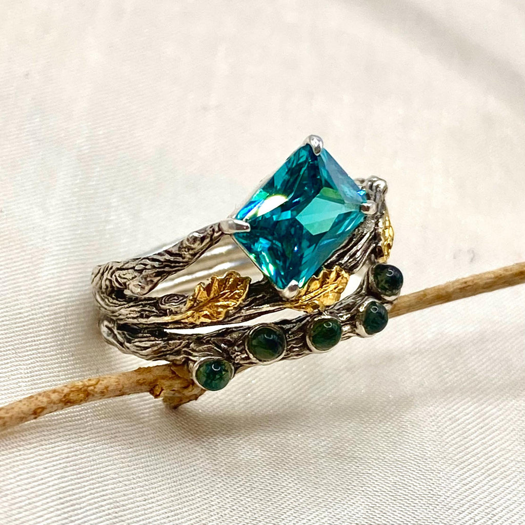 Moss Agate Sterling Silver Oak Leaf Ring