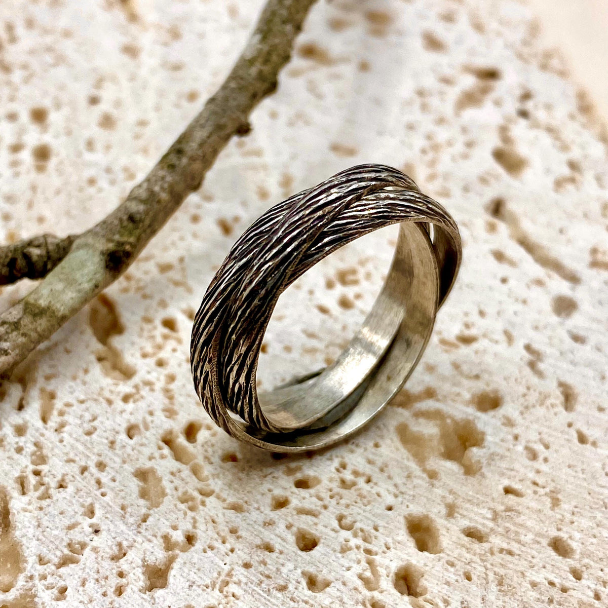 Moss Agate Sterling Silver Twig Ring Set