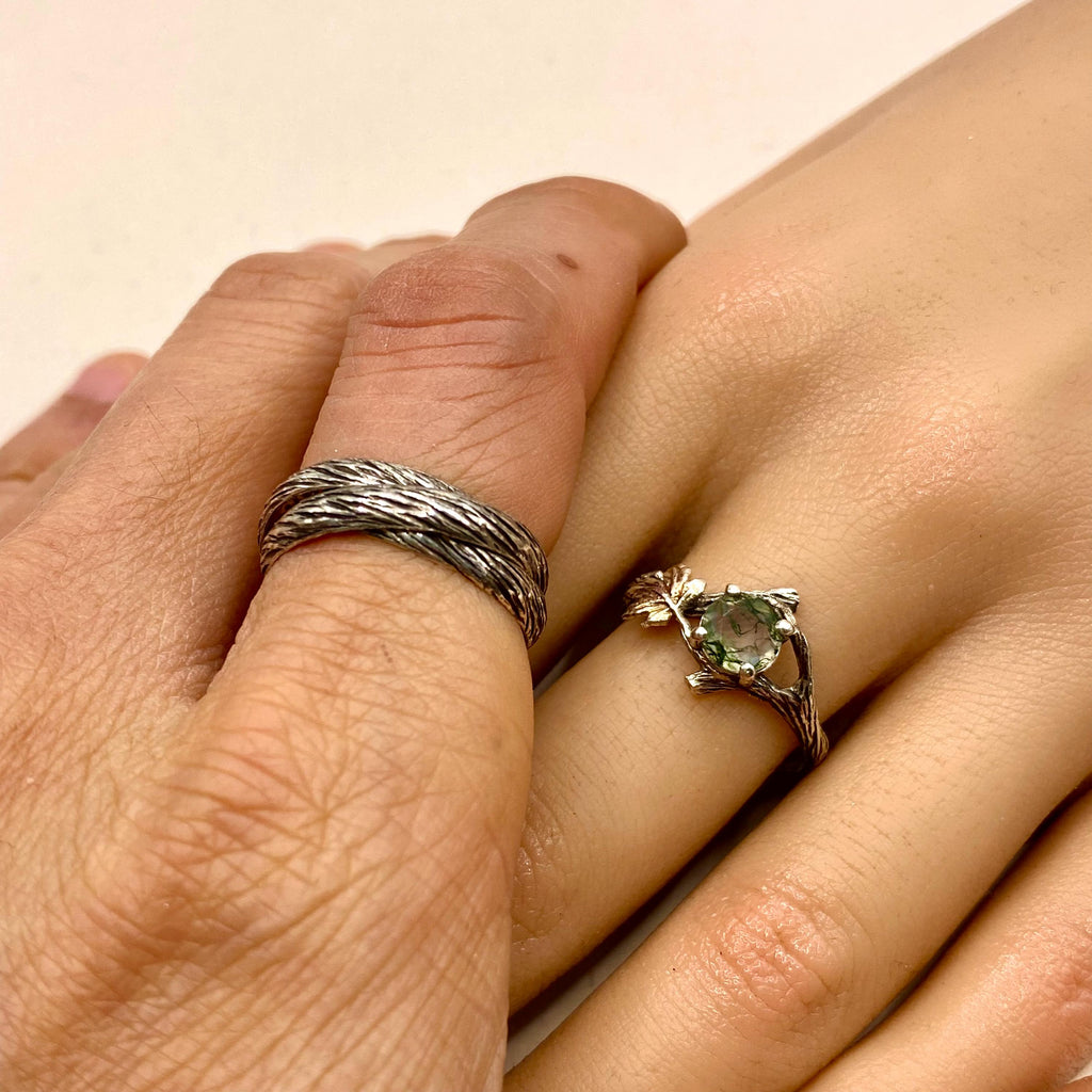 Moss Agate Sterling Silver Maple Leaf Ring Set