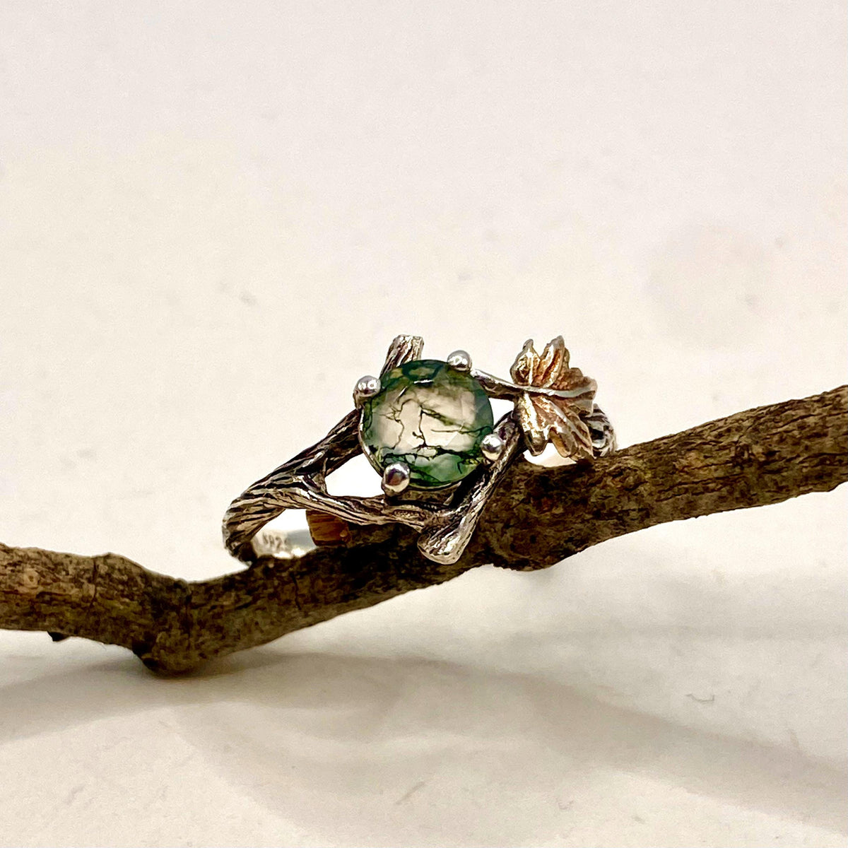 Moss Agate Sterling Silver Maple Leaf Ring Set