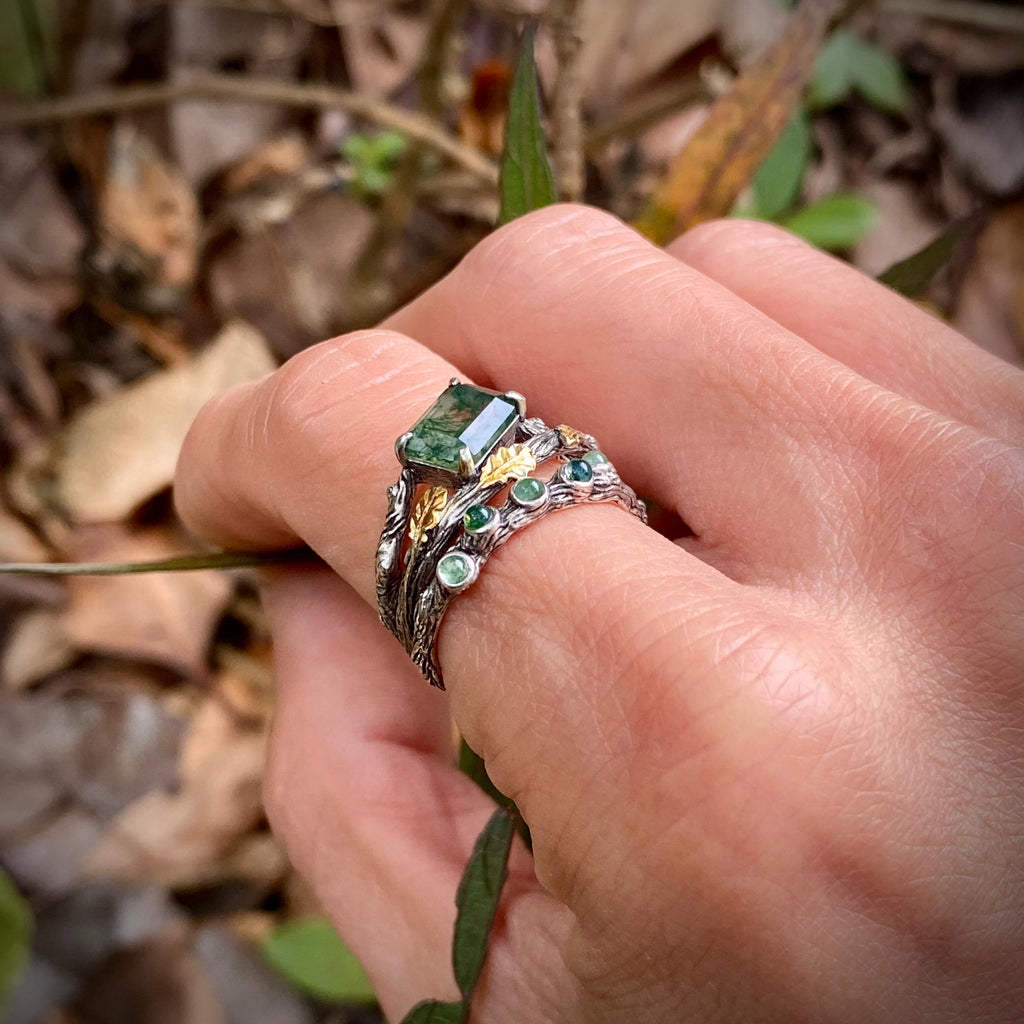 Moss Agate Sterling Silver Oak Leaf Ring