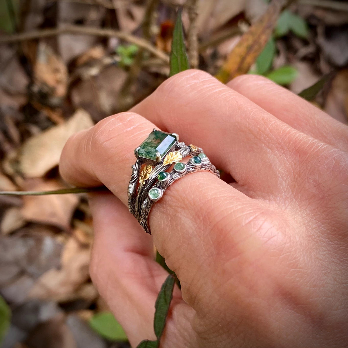 Moss Agate Sterling Silver Oak Leaf Ring