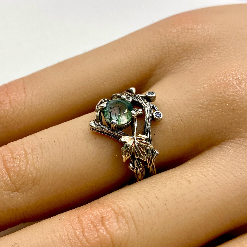 Moss Agate Sterling Silver Twig Ring Set