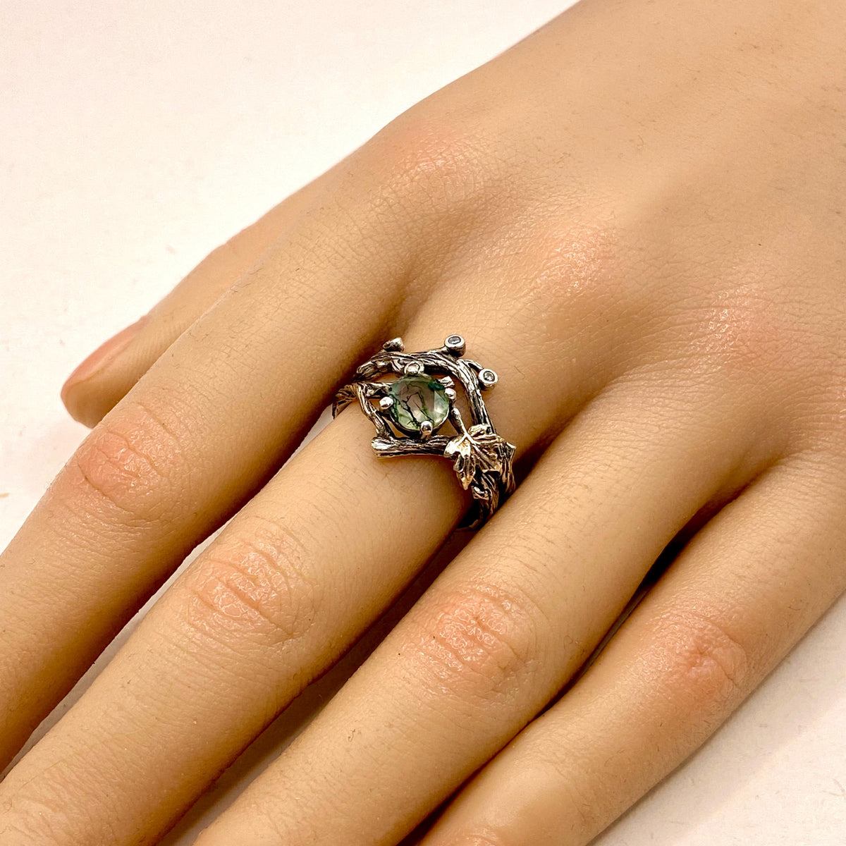 Moss Agate Sterling Silver Twig Ring Set
