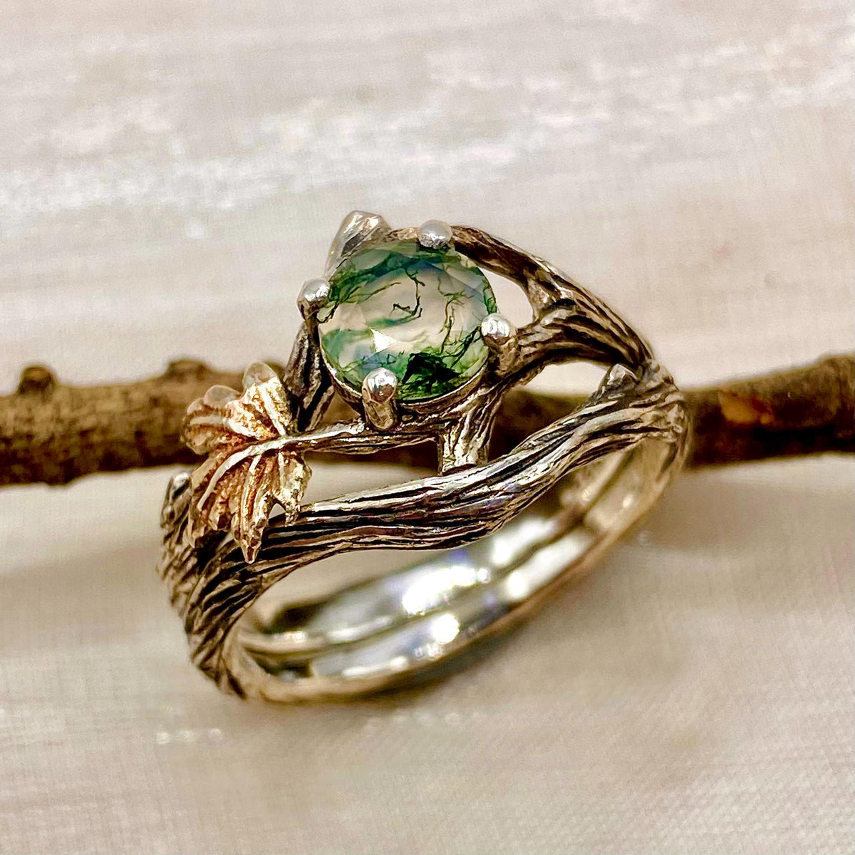 Moss Agate Sterling Silver Maple Leaf Ring Set
