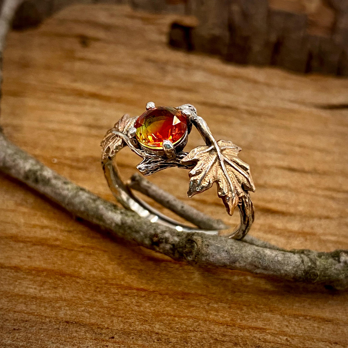 Watermelon Tourmaline Sterling Silver Maple Leaf Ring