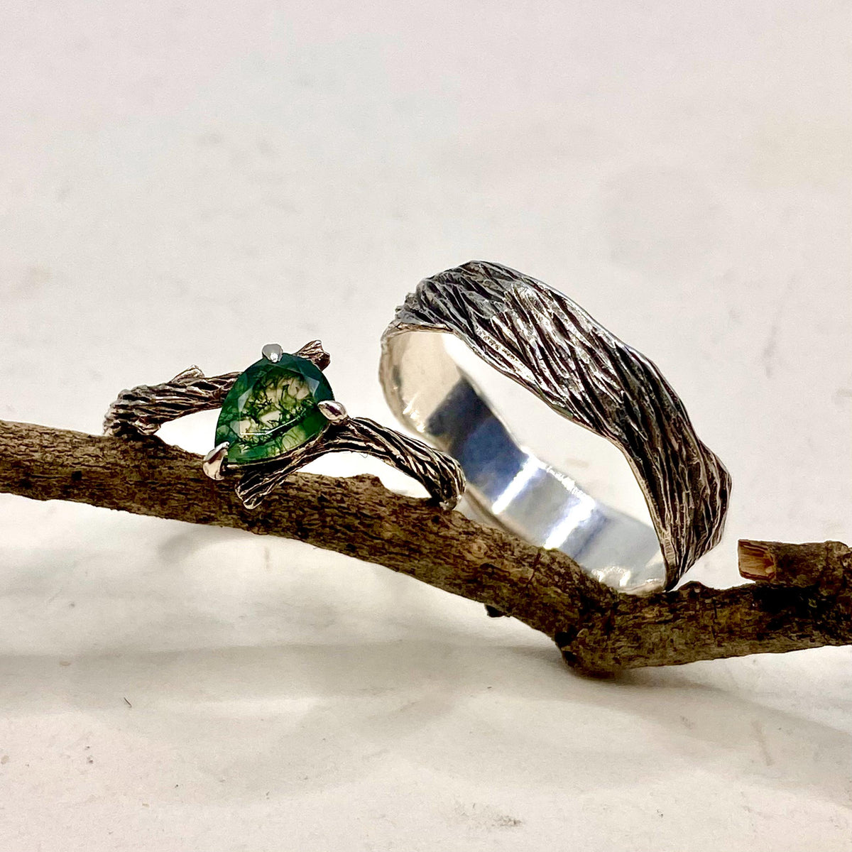 Moss Agate Fine Silver Twig Ring Set