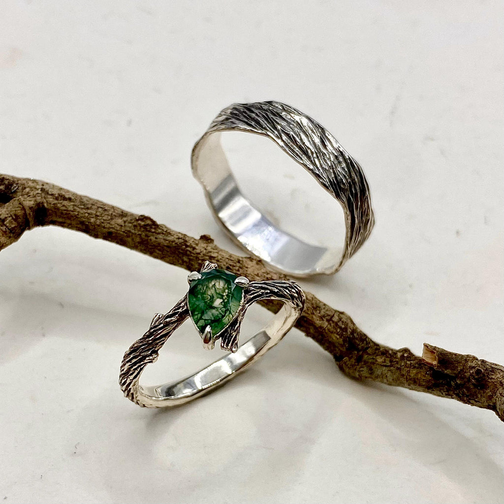 Moss Agate Fine Silver Twig Ring Set