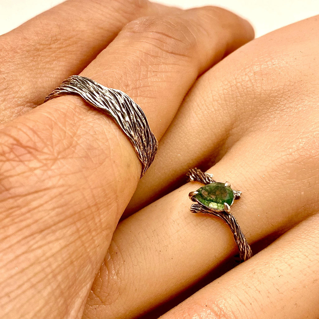 Moss Agate Fine Silver Twig Ring Set