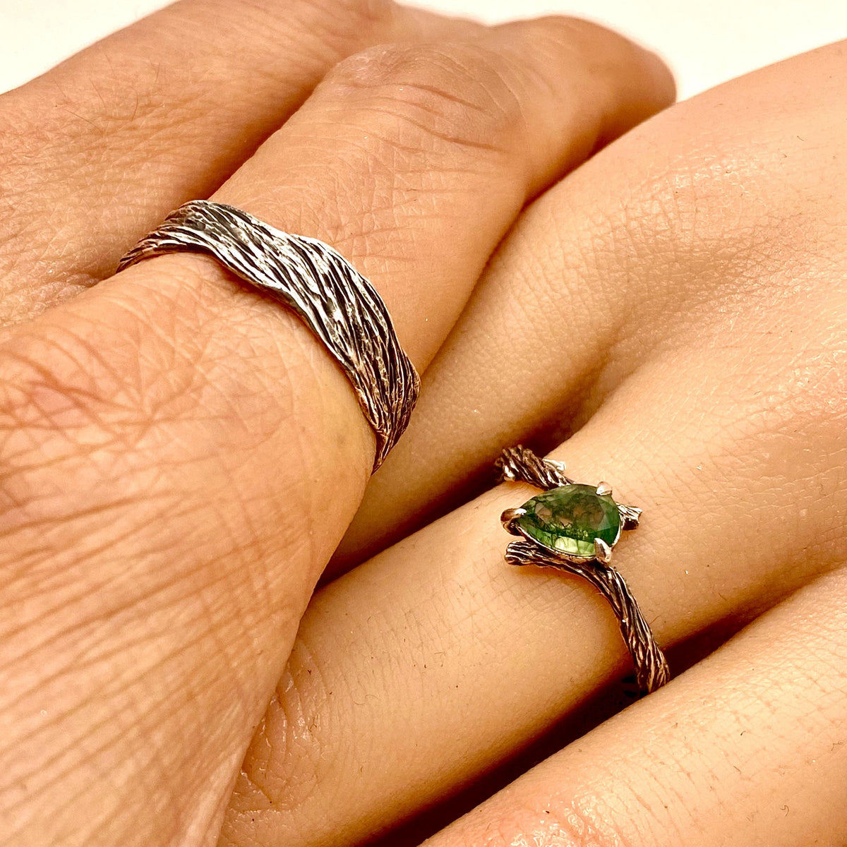 Moss Agate Fine Silver Twig Ring Set