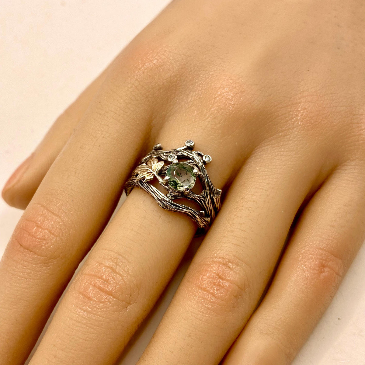 Moss Agate Sterling Silver Maple Leaf Ring Set