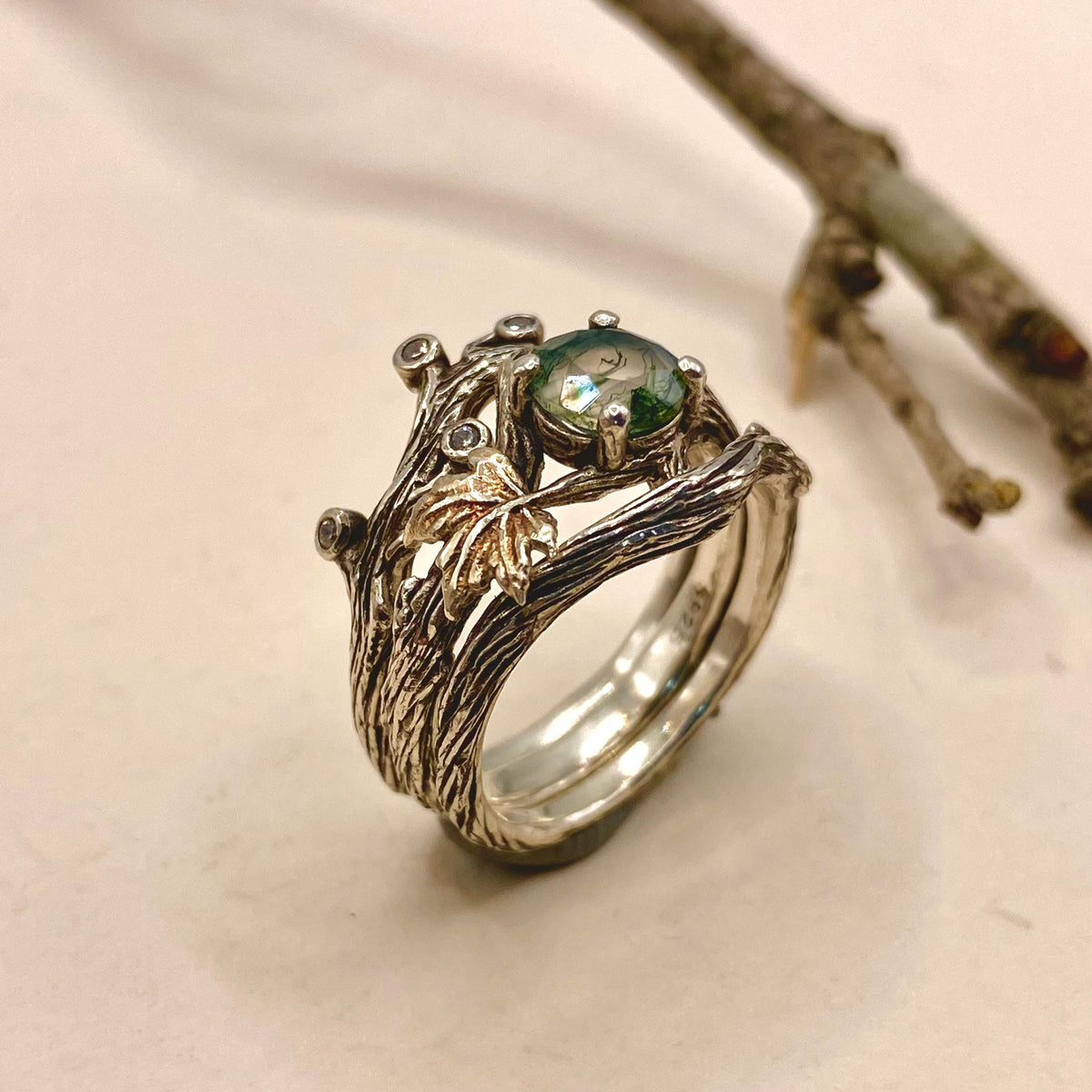 Moss Agate Sterling Silver Maple Leaf Ring Set
