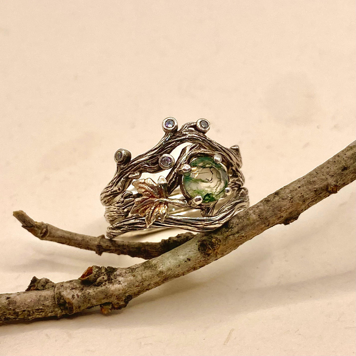 Moss Agate Sterling Silver Maple Leaf Ring Set