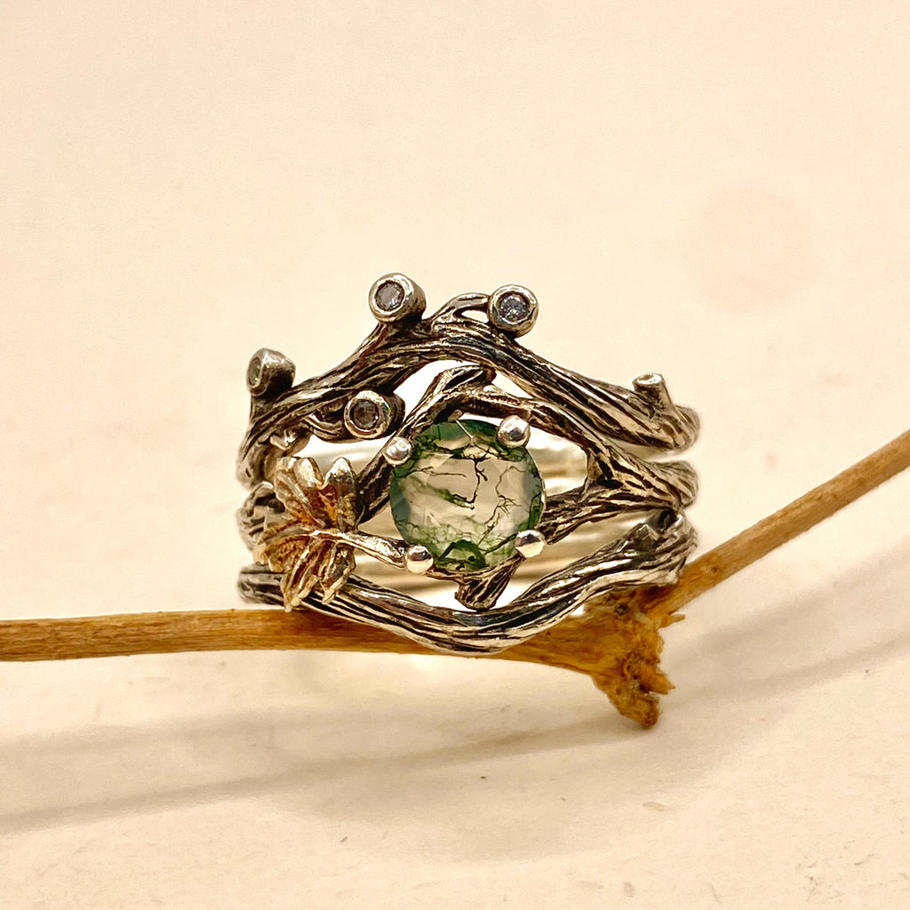 Moss Agate Sterling Silver Maple Leaf Ring Set