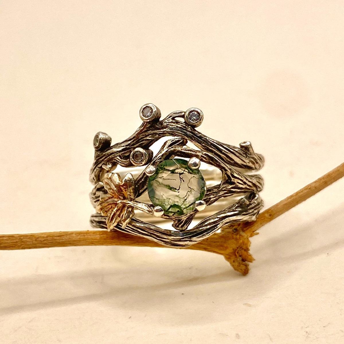 Moss Agate Sterling Silver Maple Leaf Ring Set