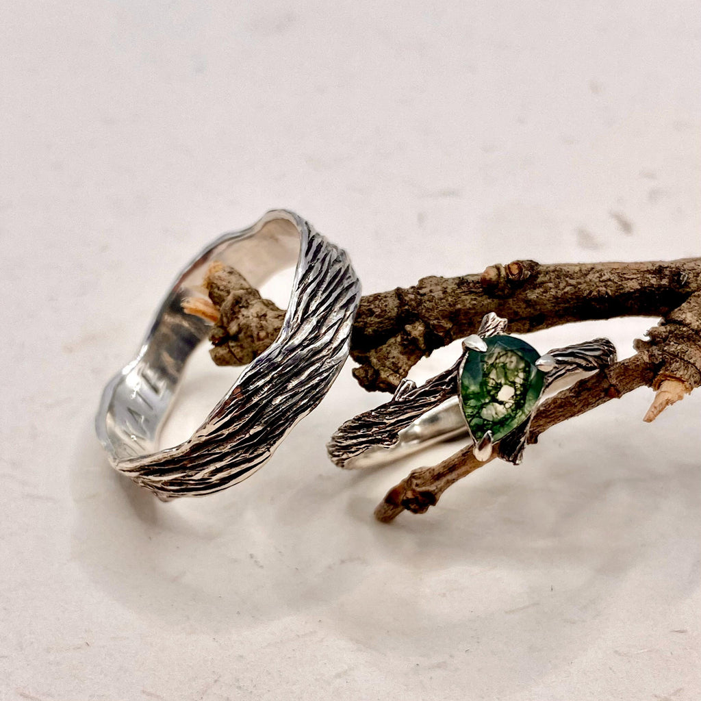 Moss Agate Fine Silver Twig Ring Set