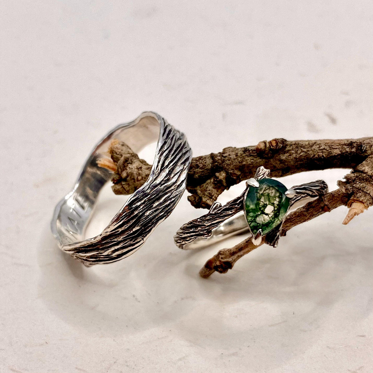 Moss Agate Fine Silver Twig Ring Set