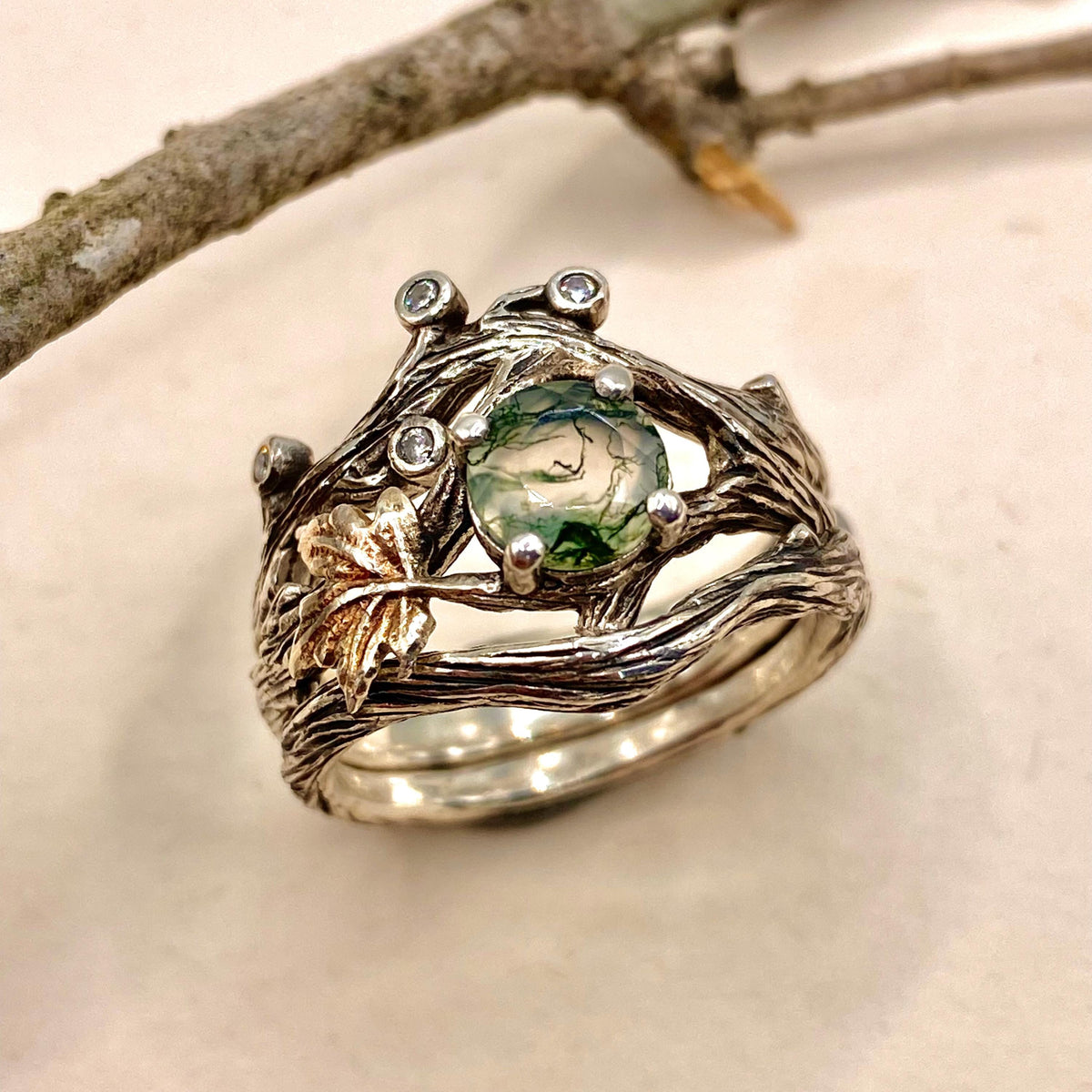 Moss Agate Sterling Silver Maple Leaf Ring Set
