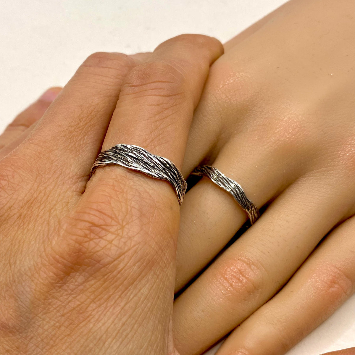 Fine Silver Tree Bark Ring Set