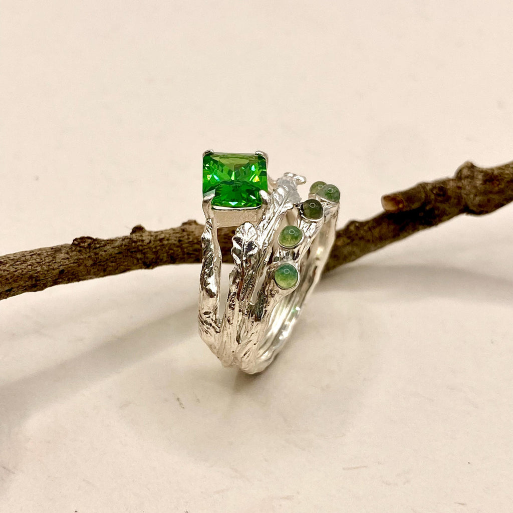 Moss Agate Sterling Silver Oak Leaf Ring