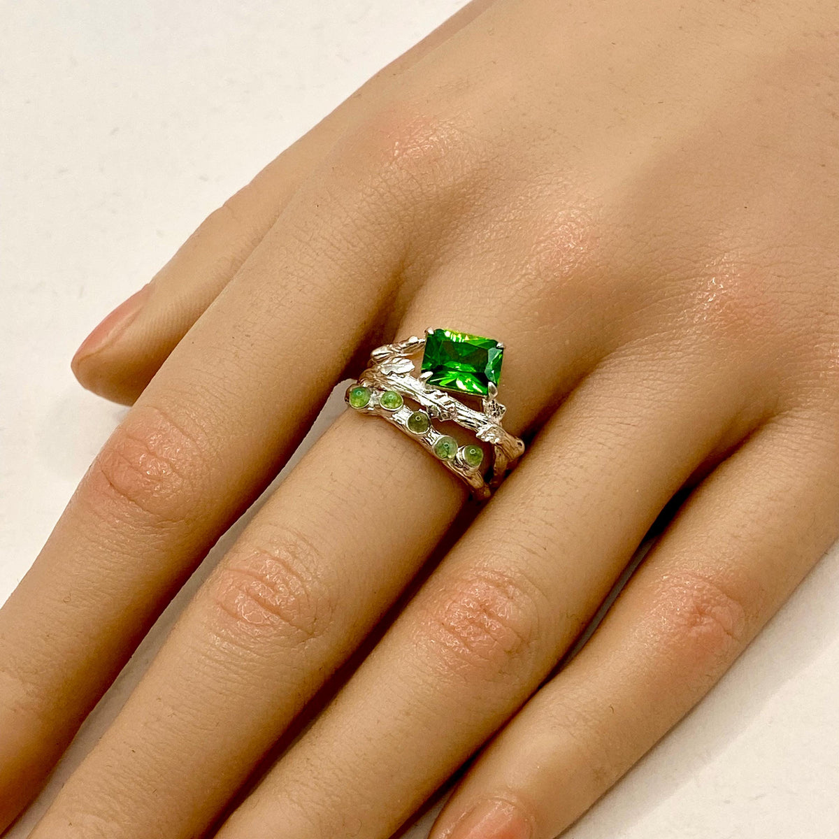 Moss Agate Sterling Silver Oak Leaf Ring