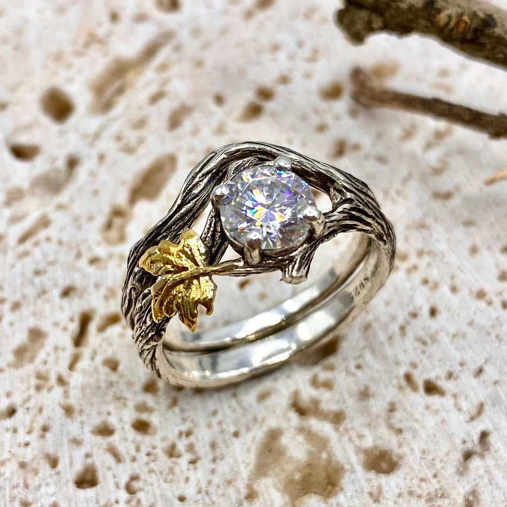Moissanite Sterling Silver Maple Leaf Ring