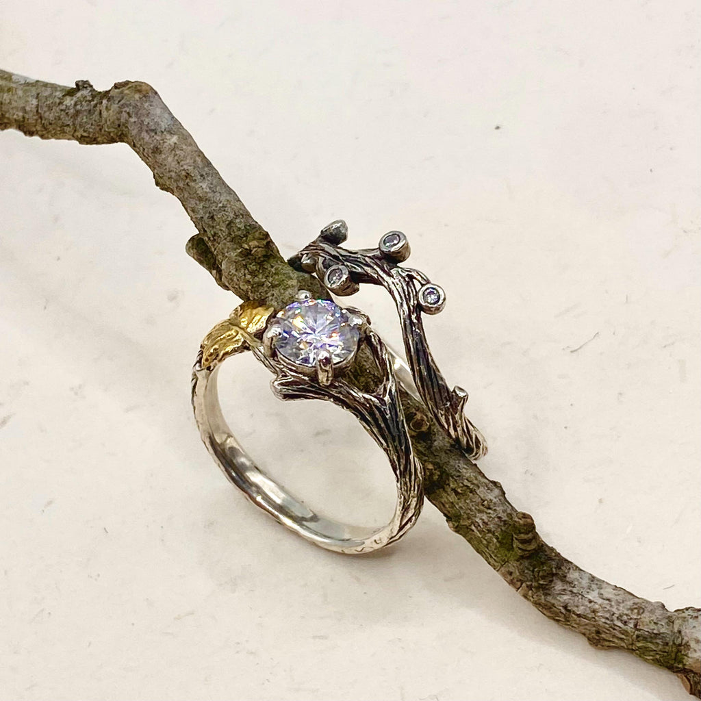 Moissanite Sterling Silver Maple Leaf Ring Set