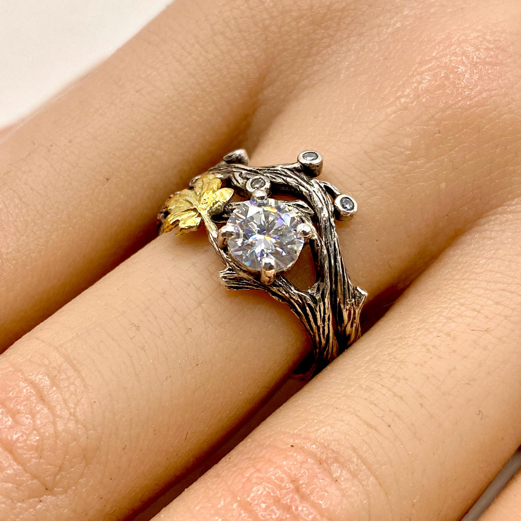 Moissanite Sterling Silver Maple Leaf Ring Set