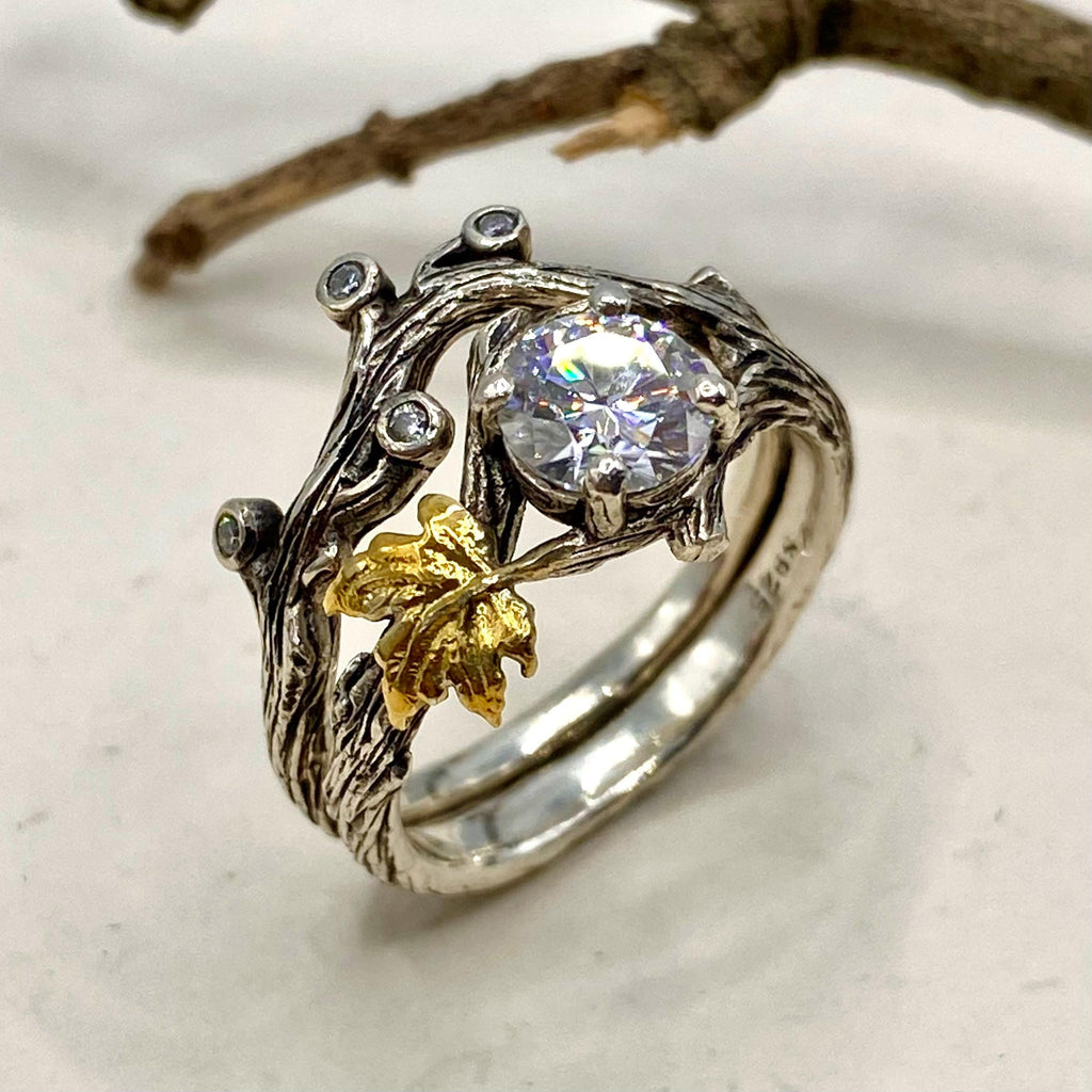 Moissanite Sterling Silver Maple Leaf Ring Set