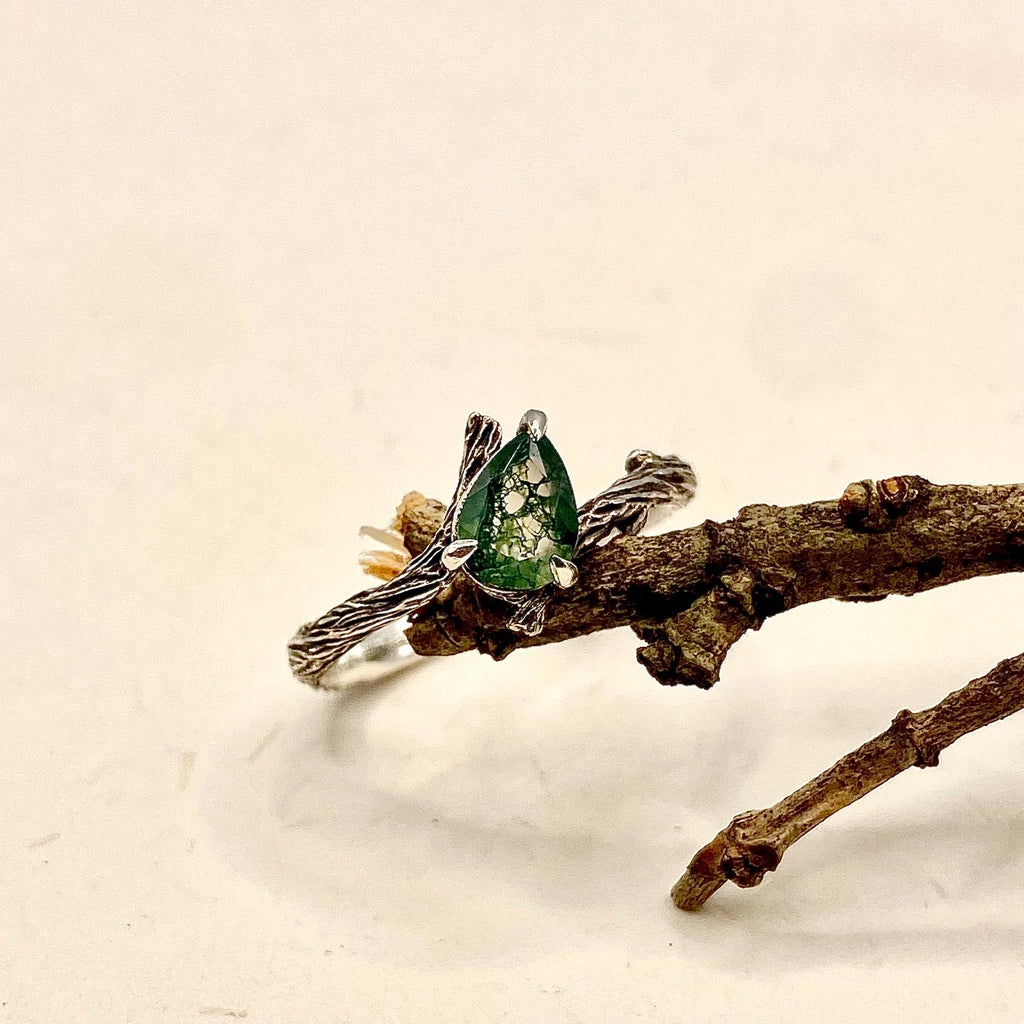 Moss Agate Sterling Silver Twig Ring
