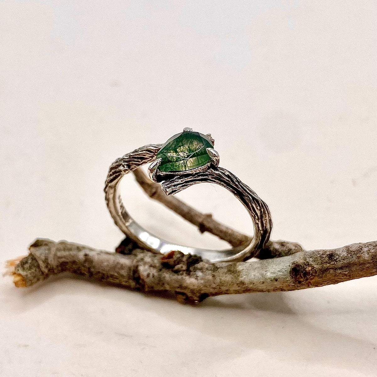 Moss Agate Sterling Silver Twig Ring