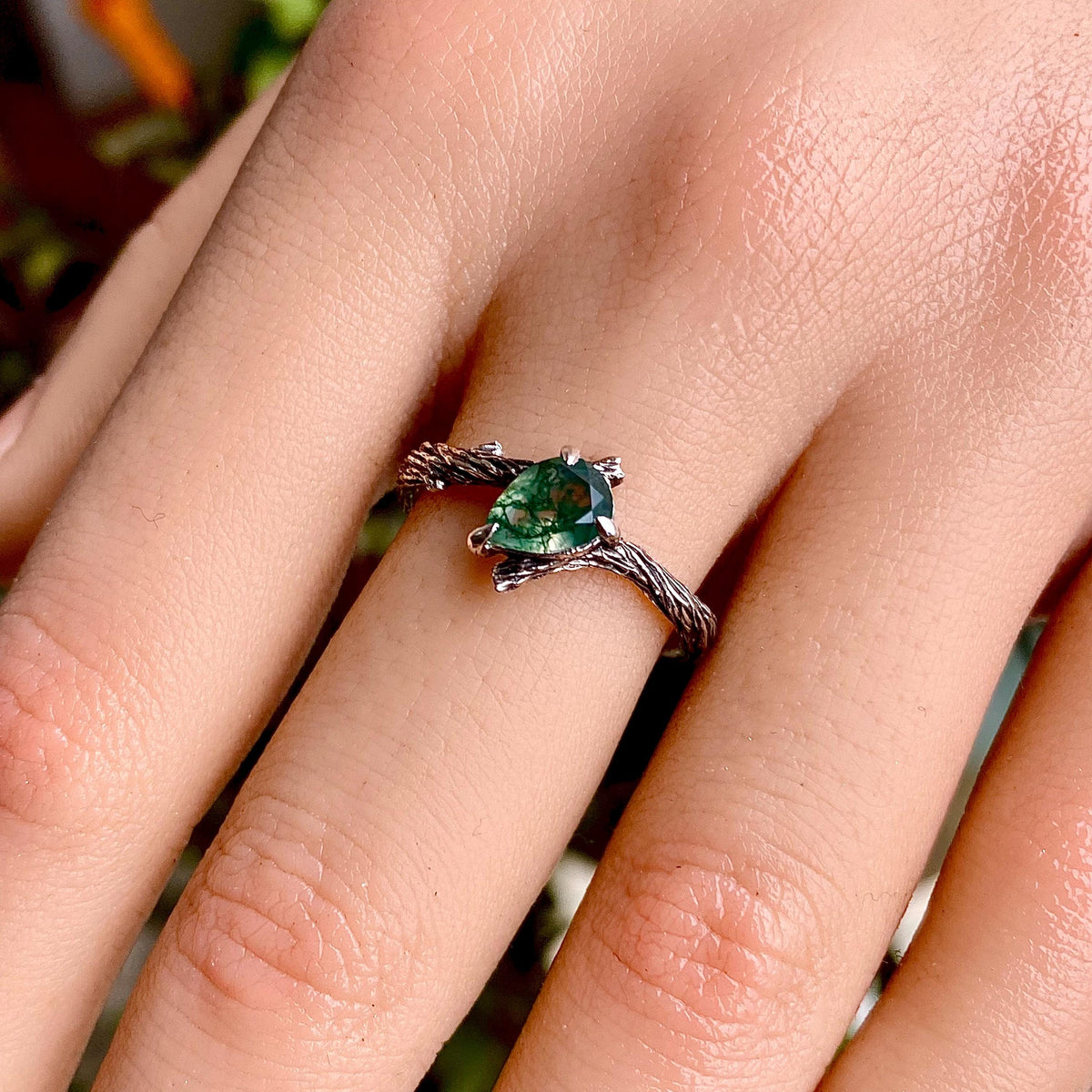 Moss Agate Sterling Silver Twig Ring