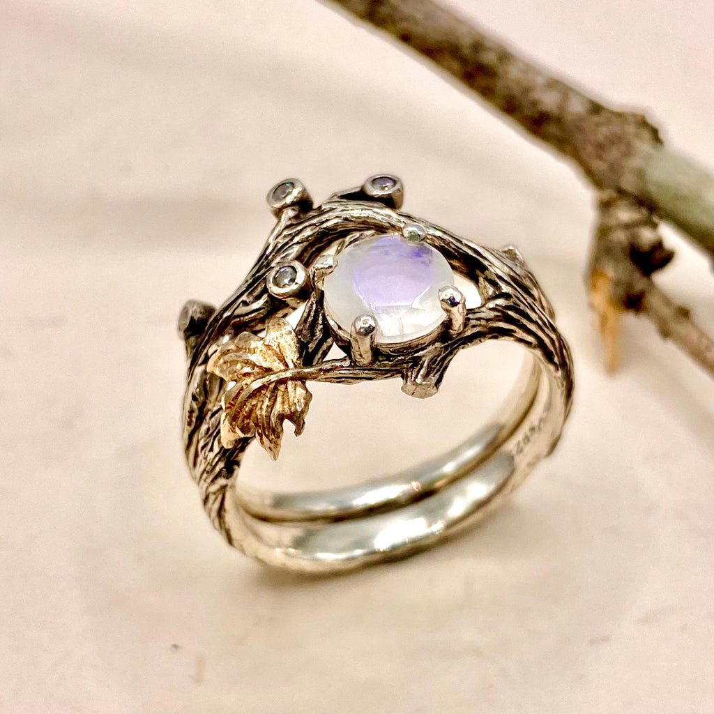 Moonstone Sterling Silver Maple Leaf Ring Set