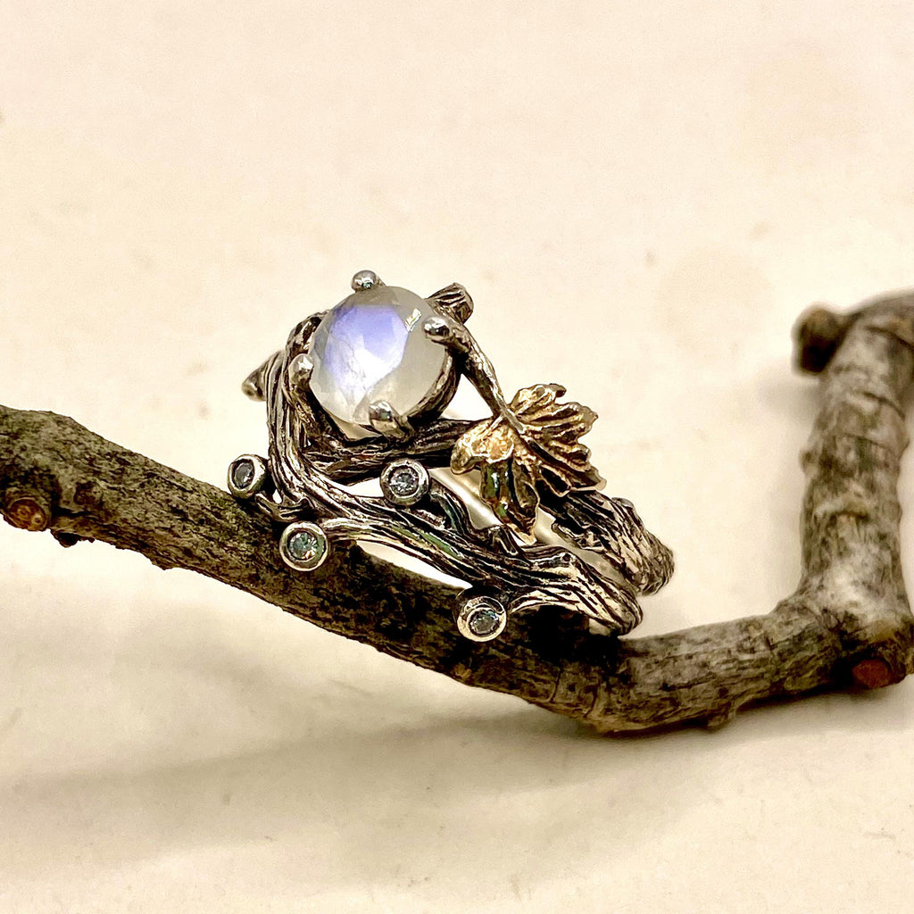 Moonstone Sterling Silver Maple Leaf Ring Set