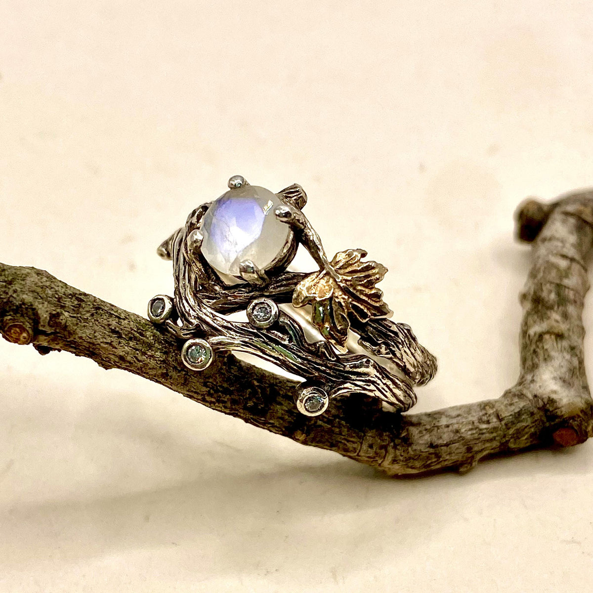 Moonstone Sterling Silver Maple Leaf Ring Set