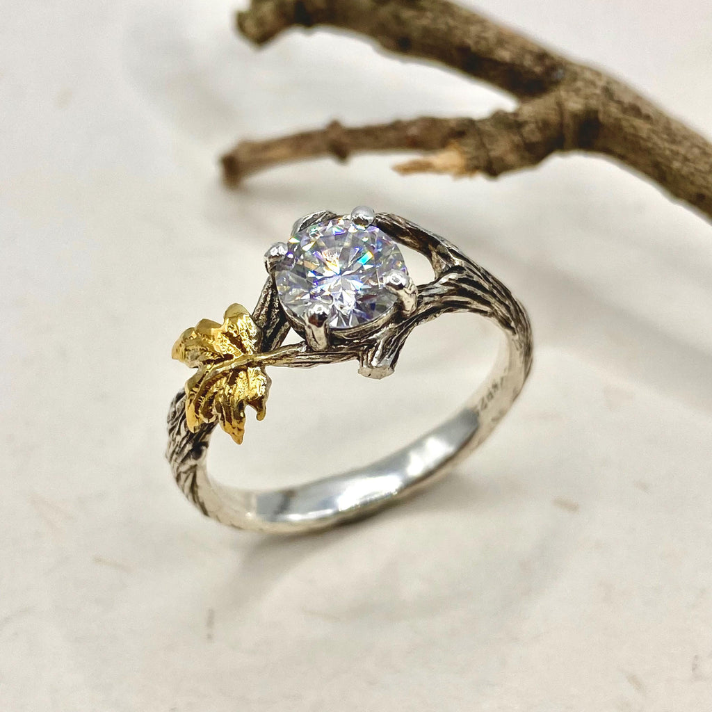 Moissanite Sterling Silver Maple Leaf Band