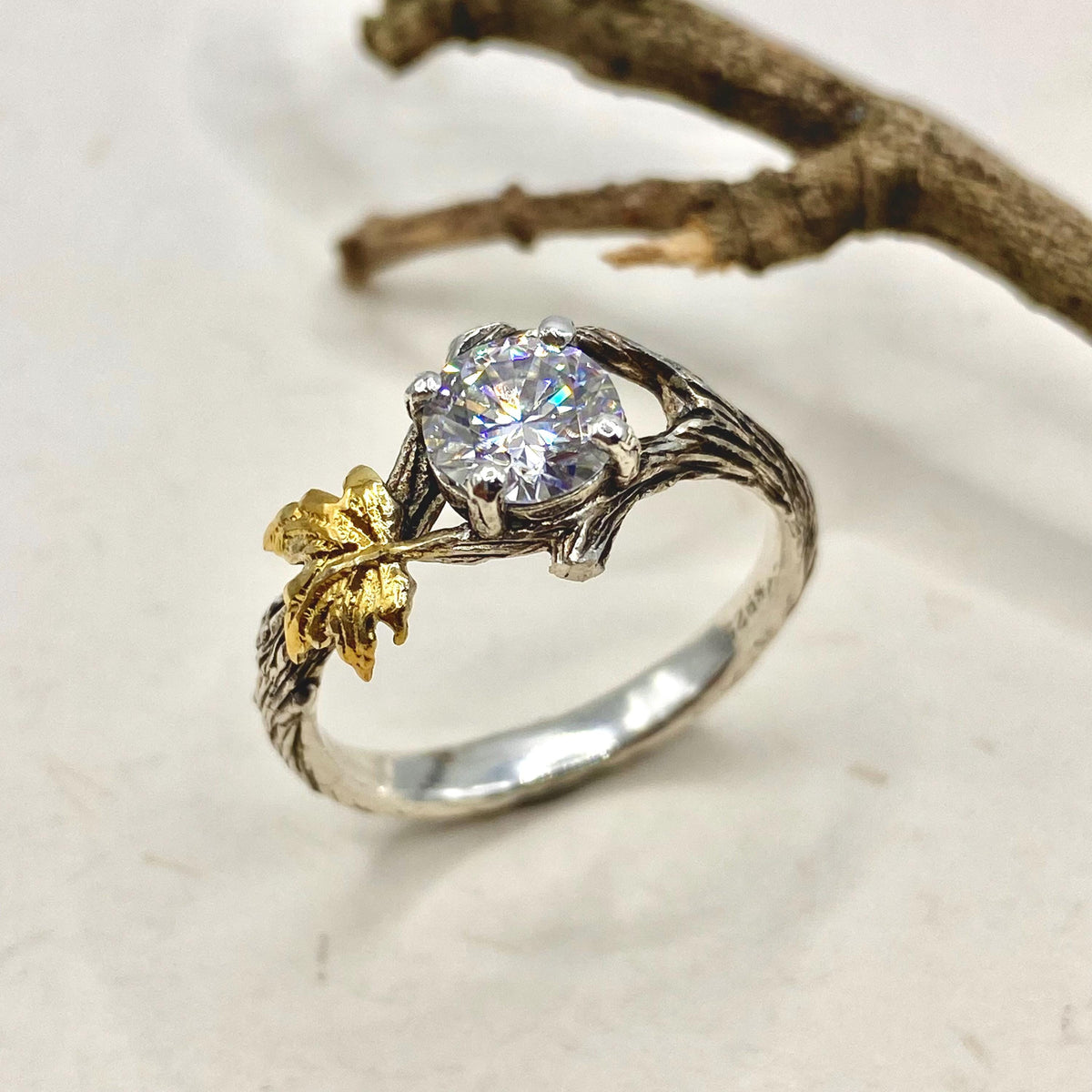 Moissanite Sterling Silver Maple Leaf Band