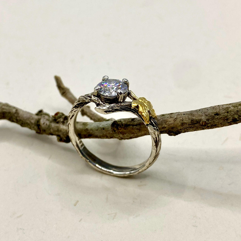 Moissanite Sterling Silver Maple Leaf Band