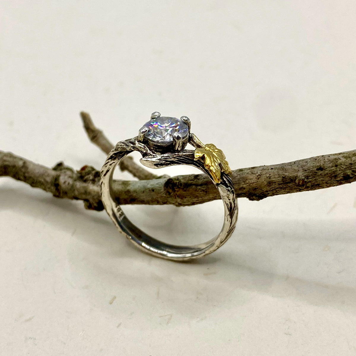 Moissanite Sterling Silver Maple Leaf Band