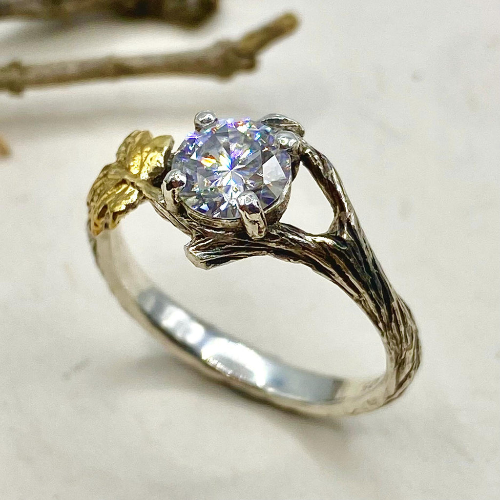 Moissanite Sterling Silver Maple Leaf Band